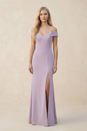 Off - the - Shoulder Sheath Matte Satin Bridesmaid Dress in Lavender Grey - KissProm Bridesmaid Dresses
