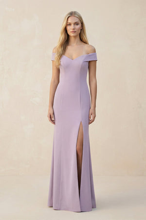 Off - the - Shoulder Sheath Matte Satin Bridesmaid Dress in Lavender Grey - KissProm Bridesmaid Dresses