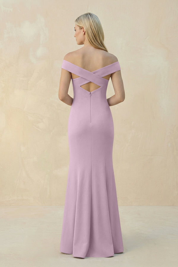 Off - the - Shoulder Sheath Matte Satin Bridesmaid Dress in Lilac - KissProm Bridesmaid Dresses