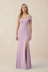 Off - the - Shoulder Sheath Matte Satin Bridesmaid Dress in Lilac - KissProm Bridesmaid Dresses