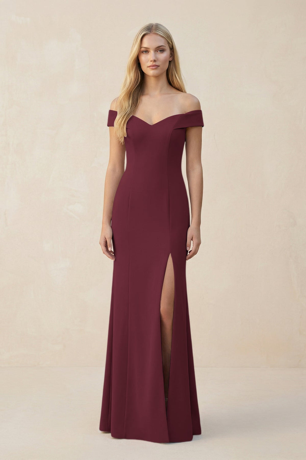 Off - the - Shoulder Sheath Matte Satin Bridesmaid Dress in Magenta - KissProm Bridesmaid Dresses