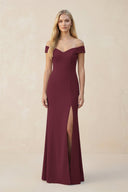 Off - the - Shoulder Sheath Matte Satin Bridesmaid Dress in Magenta - KissProm Bridesmaid Dresses