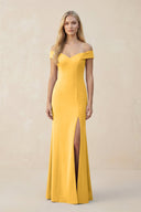 Off - the - Shoulder Sheath Matte Satin Bridesmaid Dress in Marigold - KissProm Bridesmaid Dresses