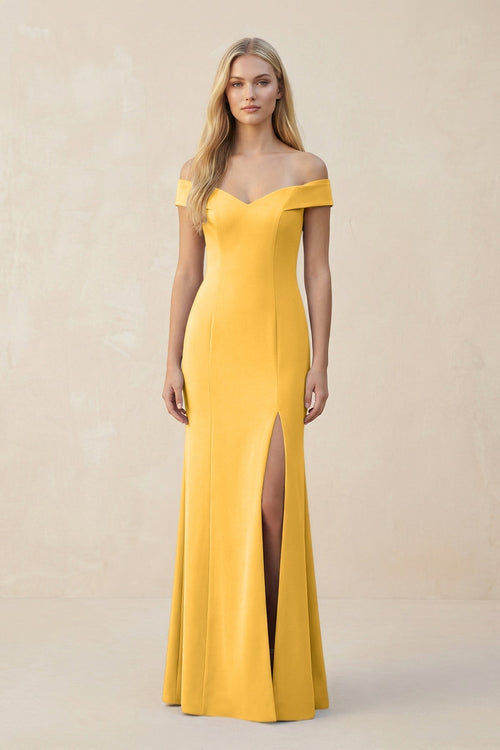 Off - the - Shoulder Sheath Matte Satin Bridesmaid Dress in Marigold - KissProm Bridesmaid Dresses