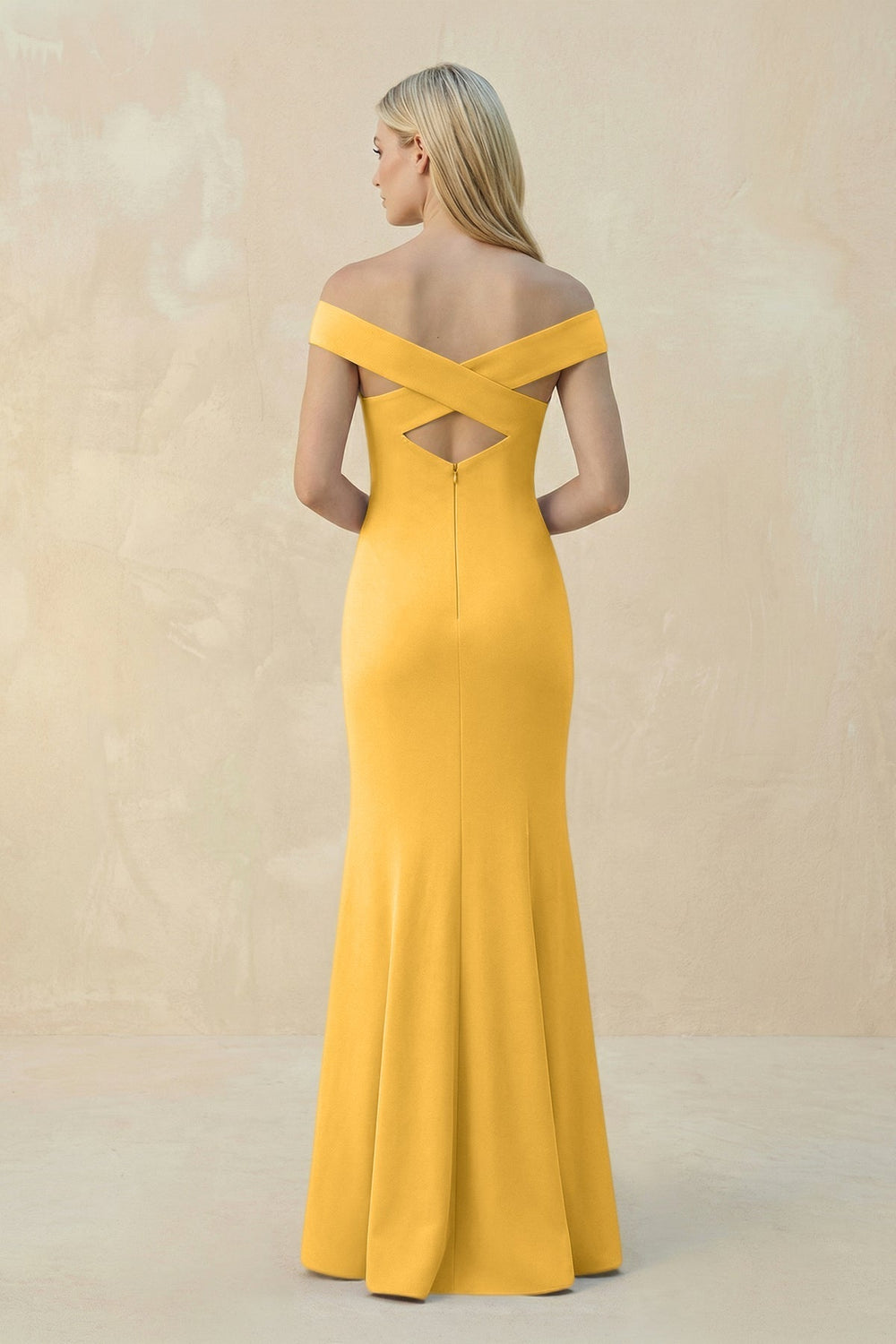 Off - the - Shoulder Sheath Matte Satin Bridesmaid Dress in Marigold - KissProm Bridesmaid Dresses