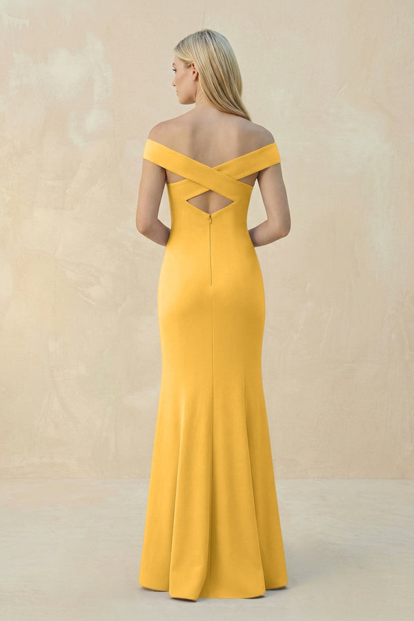 Off - the - Shoulder Sheath Matte Satin Bridesmaid Dress in Marigold - KissProm Bridesmaid Dresses