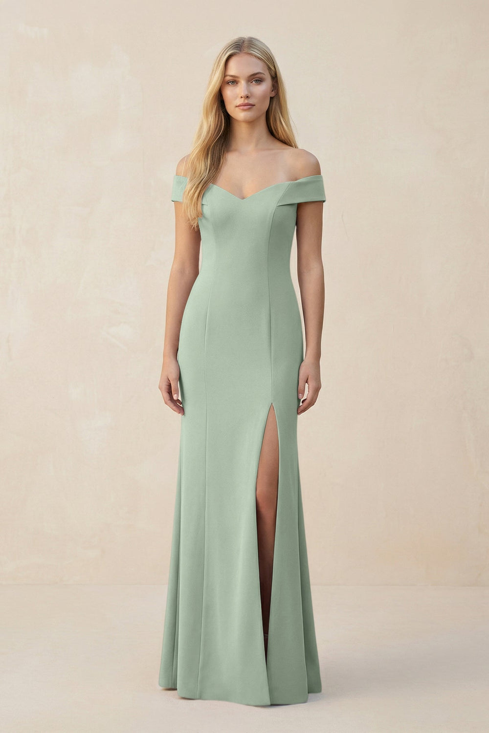 Off - the - Shoulder Sheath Matte Satin Bridesmaid Dress in Matcha - KissProm Bridesmaid Dresses