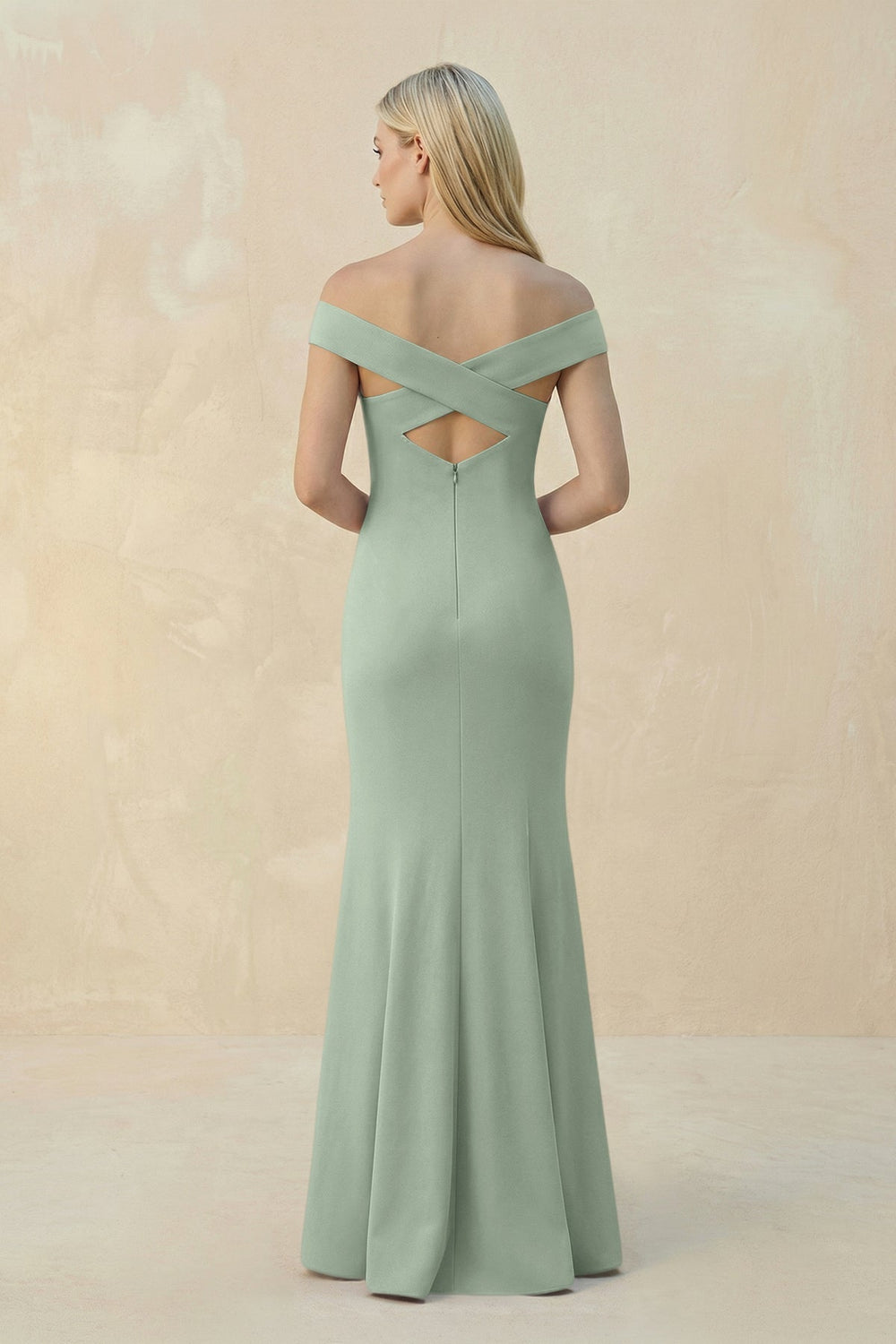 Off - the - Shoulder Sheath Matte Satin Bridesmaid Dress in Matcha - KissProm Bridesmaid Dresses