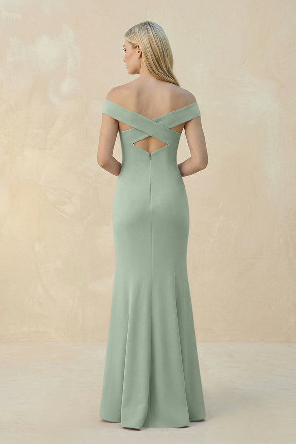 Off - the - Shoulder Sheath Matte Satin Bridesmaid Dress in Matcha - KissProm Bridesmaid Dresses