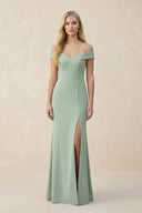 Off - the - Shoulder Sheath Matte Satin Bridesmaid Dress in Matcha - KissProm Bridesmaid Dresses