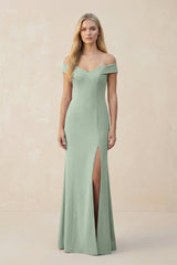Off - the - Shoulder Sheath Matte Satin Bridesmaid Dress in Matcha - KissProm Bridesmaid Dresses