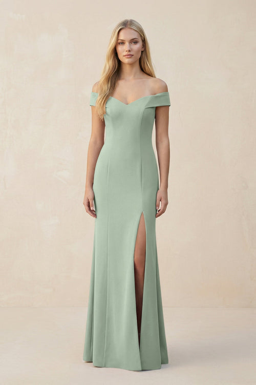 Off - the - Shoulder Sheath Matte Satin Bridesmaid Dress in Matcha - KissProm Bridesmaid Dresses