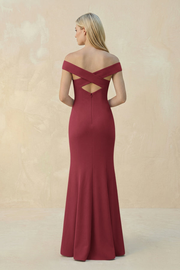 Off - the - Shoulder Sheath Matte Satin Bridesmaid Dress in Merlot - KissProm Bridesmaid Dresses