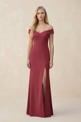 Off - the - Shoulder Sheath Matte Satin Bridesmaid Dress in Merlot - KissProm Bridesmaid Dresses