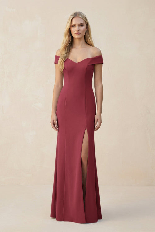 Off - the - Shoulder Sheath Matte Satin Bridesmaid Dress in Merlot - KissProm Bridesmaid Dresses