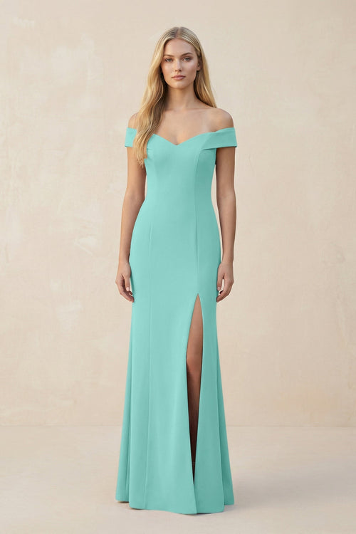 Off - the - Shoulder Sheath Matte Satin Bridesmaid Dress in Mint Green - KissProm Bridesmaid Dresses
