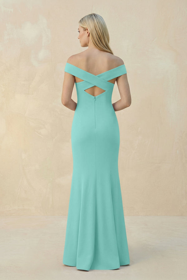 Off - the - Shoulder Sheath Matte Satin Bridesmaid Dress in Mint Green - KissProm Bridesmaid Dresses