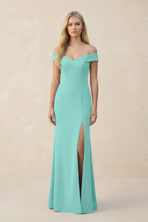 Off - the - Shoulder Sheath Matte Satin Bridesmaid Dress in Mint Green - KissProm Bridesmaid Dresses
