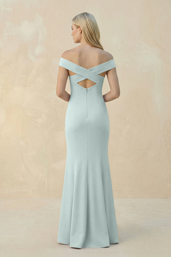 Off - the - Shoulder Sheath Matte Satin Bridesmaid Dress in Mist - KissProm Bridesmaid Dresses
