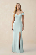 Off - the - Shoulder Sheath Matte Satin Bridesmaid Dress in Mist - KissProm Bridesmaid Dresses
