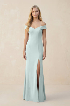 Off - the - Shoulder Sheath Matte Satin Bridesmaid Dress in Mist - KissProm Bridesmaid Dresses