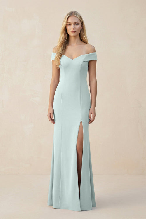 Off - the - Shoulder Sheath Matte Satin Bridesmaid Dress in Mist - KissProm Bridesmaid Dresses