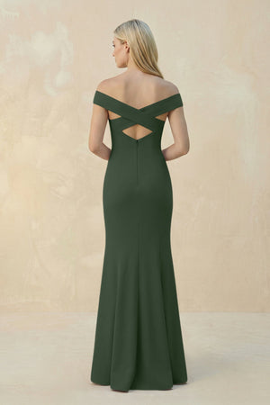 Off - the - Shoulder Sheath Matte Satin Bridesmaid Dress in Moss - KissProm Bridesmaid Dresses