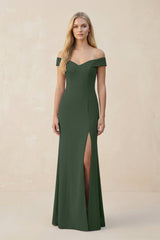 Off - the - Shoulder Sheath Matte Satin Bridesmaid Dress in Moss - KissProm Bridesmaid Dresses