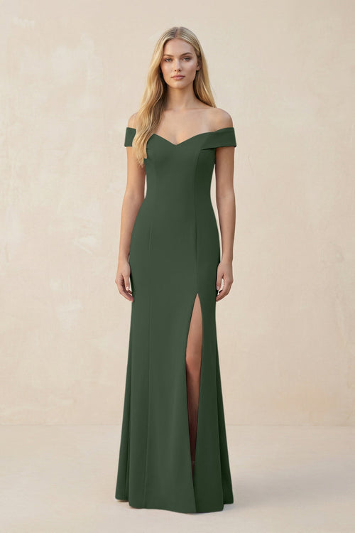 Off - the - Shoulder Sheath Matte Satin Bridesmaid Dress in Moss - KissProm Bridesmaid Dresses