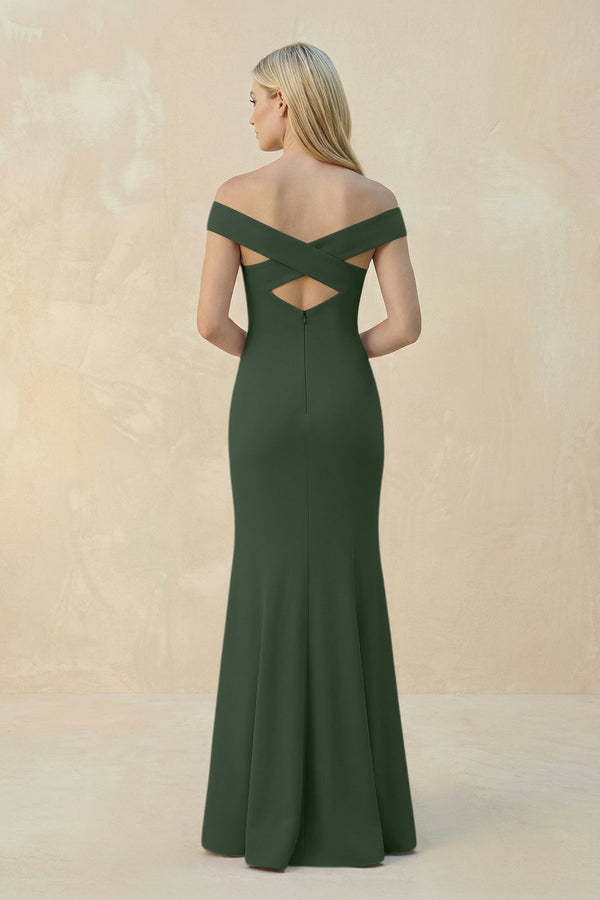 Off - the - Shoulder Sheath Matte Satin Bridesmaid Dress in Moss - KissProm Bridesmaid Dresses
