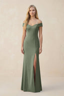 Off - the - Shoulder Sheath Matte Satin Bridesmaid Dress in Moss Green - KissProm Bridesmaid Dresses