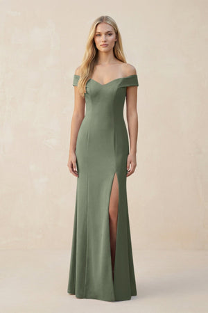 Off - the - Shoulder Sheath Matte Satin Bridesmaid Dress in Moss Green - KissProm Bridesmaid Dresses