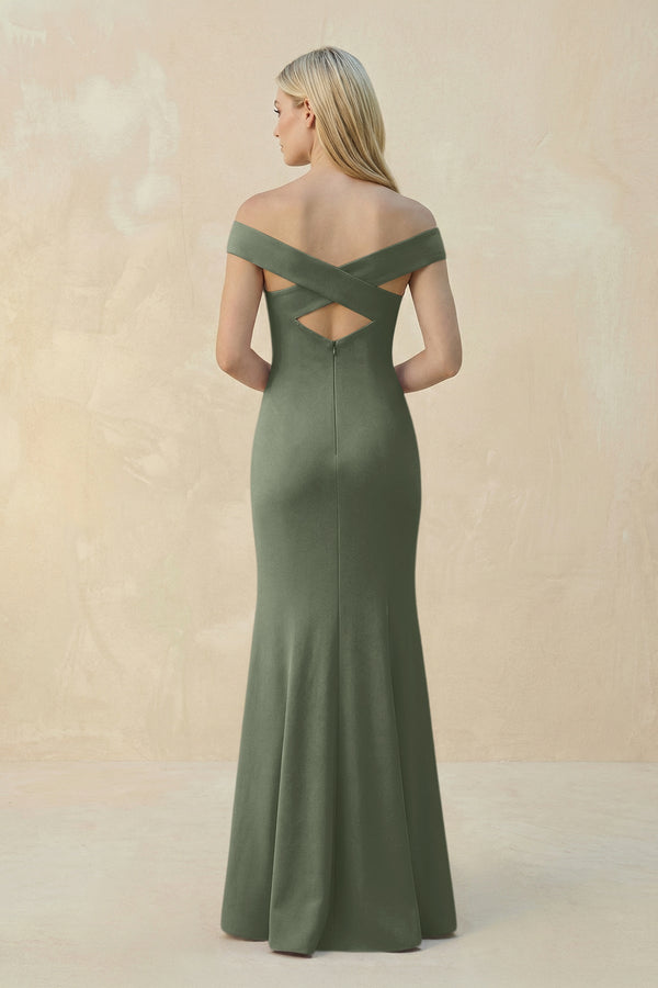 Off - the - Shoulder Sheath Matte Satin Bridesmaid Dress in Moss Green - KissProm Bridesmaid Dresses