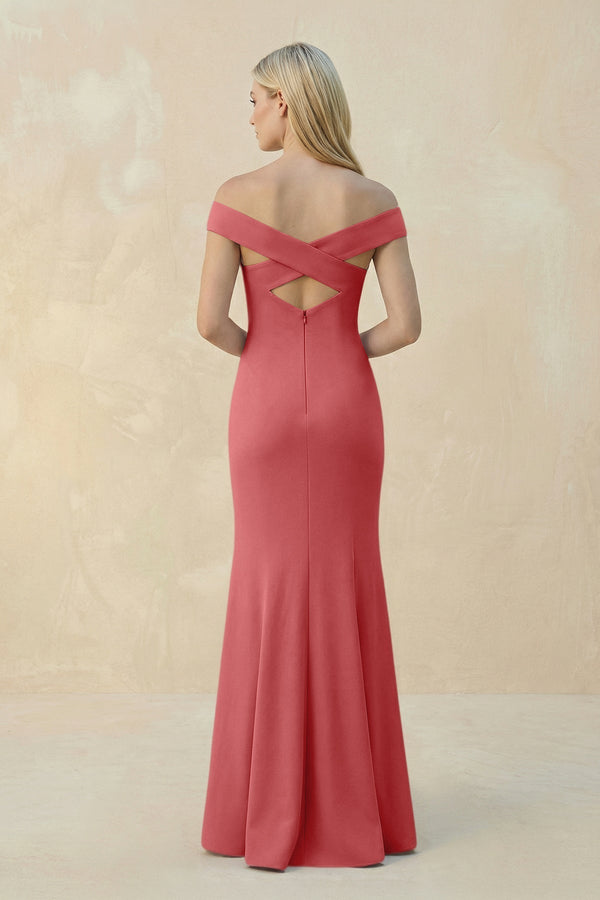 Off - the - Shoulder Sheath Matte Satin Bridesmaid Dress in Mulberry - KissProm Bridesmaid Dresses