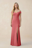 Off - the - Shoulder Sheath Matte Satin Bridesmaid Dress in Mulberry - KissProm Bridesmaid Dresses