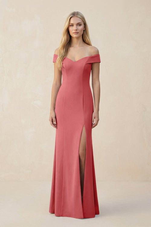 Off - the - Shoulder Sheath Matte Satin Bridesmaid Dress in Mulberry - KissProm Bridesmaid Dresses