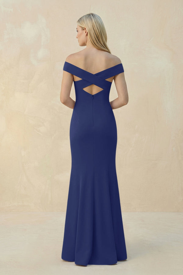 Off - the - Shoulder Sheath Matte Satin Bridesmaid Dress in Navy - KissProm Bridesmaid Dresses