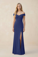 Off - the - Shoulder Sheath Matte Satin Bridesmaid Dress in Navy - KissProm Bridesmaid Dresses