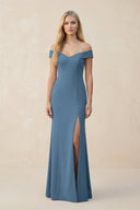 Off - the - Shoulder Sheath Matte Satin Bridesmaid Dress in Neptune - KissProm Bridesmaid Dresses