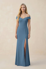 Off - the - Shoulder Sheath Matte Satin Bridesmaid Dress in Neptune - KissProm Bridesmaid Dresses