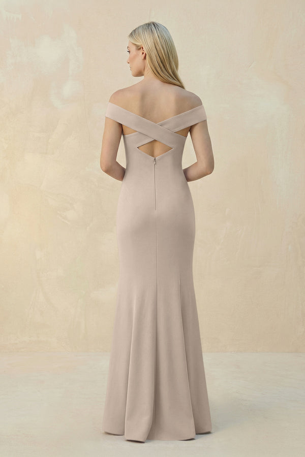 Off - the - Shoulder Sheath Matte Satin Bridesmaid Dress in Neutral Champagne - KissProm Bridesmaid Dresses