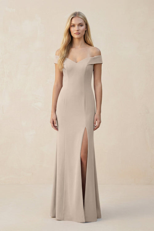 Off - the - Shoulder Sheath Matte Satin Bridesmaid Dress in Neutral Champagne - KissProm Bridesmaid Dresses