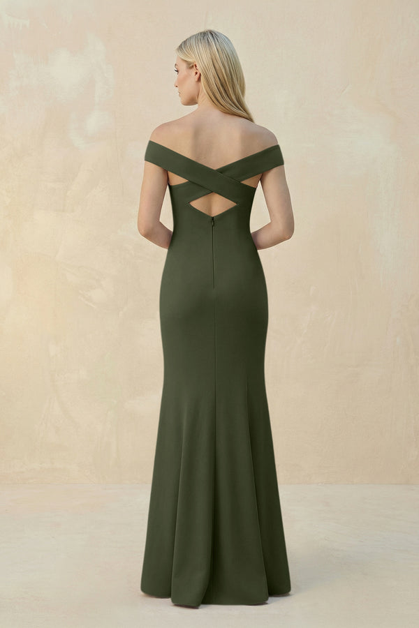 Off - the - Shoulder Sheath Matte Satin Bridesmaid Dress in Olive - KissProm Bridesmaid Dresses