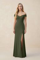 Off - the - Shoulder Sheath Matte Satin Bridesmaid Dress in Olive - KissProm Bridesmaid Dresses