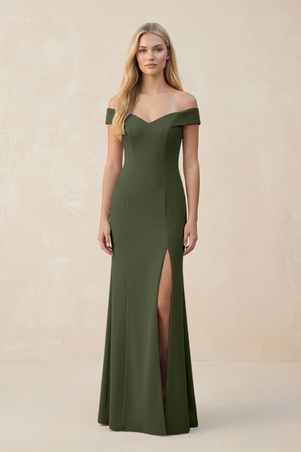 KissProm Off-the-Shoulder Sheath Matte Satin Bridesmaid Dress in Olive, Olive / 8