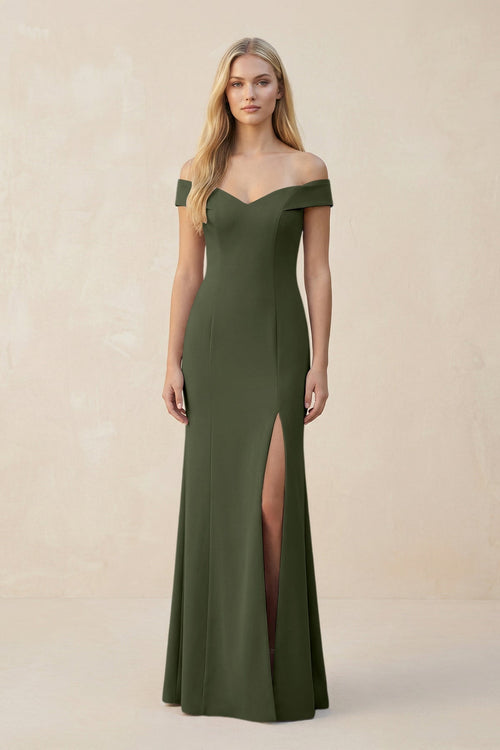 Off - the - Shoulder Sheath Matte Satin Bridesmaid Dress in Olive - KissProm Bridesmaid Dresses