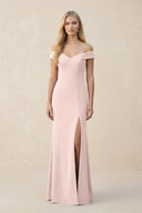Off - the - Shoulder Sheath Matte Satin Bridesmaid Dress in Pale Blush - KissProm Bridesmaid Dresses