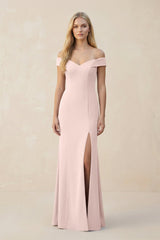 Off - the - Shoulder Sheath Matte Satin Bridesmaid Dress in Pale Blush - KissProm Bridesmaid Dresses