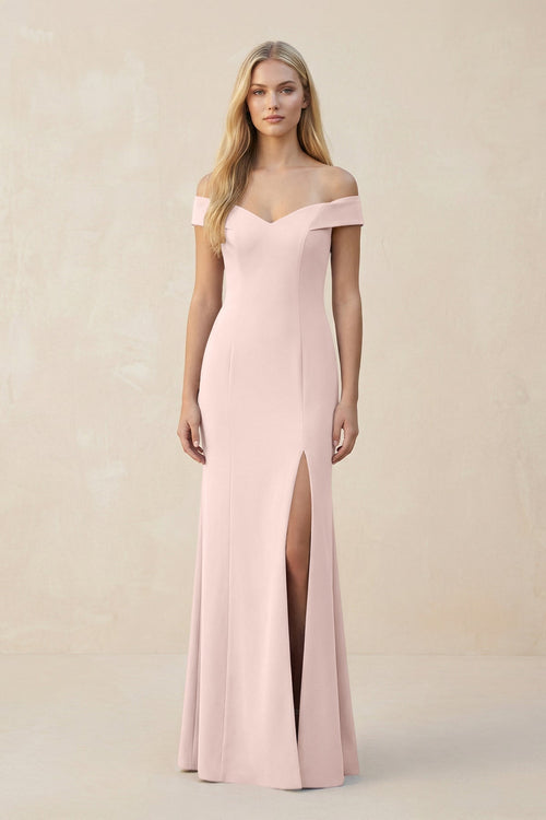 Off - the - Shoulder Sheath Matte Satin Bridesmaid Dress in Pale Blush - KissProm Bridesmaid Dresses