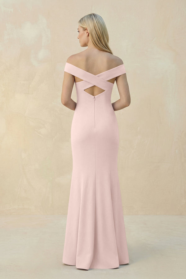 Off - the - Shoulder Sheath Matte Satin Bridesmaid Dress in Pale Blush - KissProm Bridesmaid Dresses